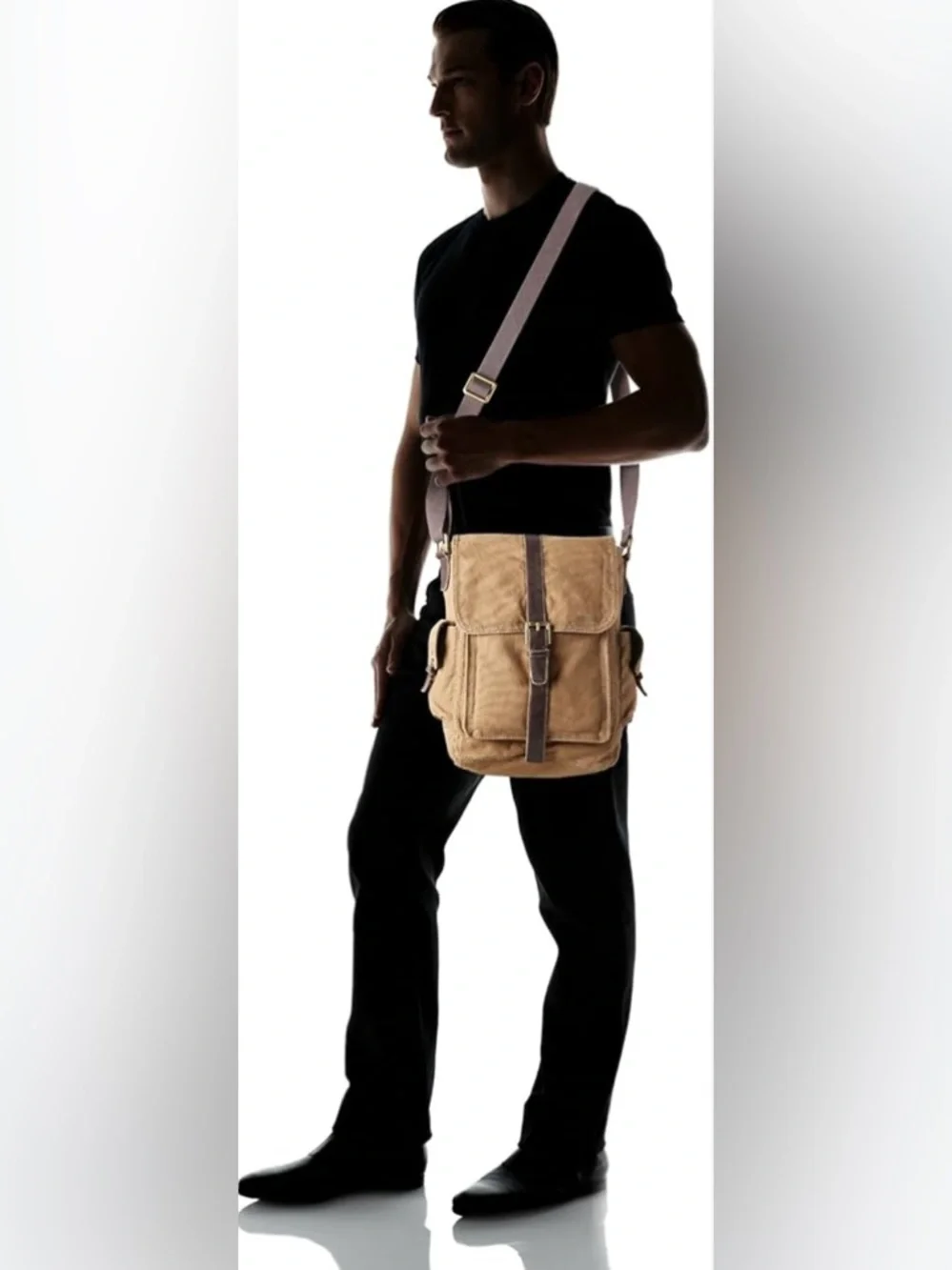 Fossil Canvas Navy Blue/Brown Messenger Carrier Commuter Bag Crossbody